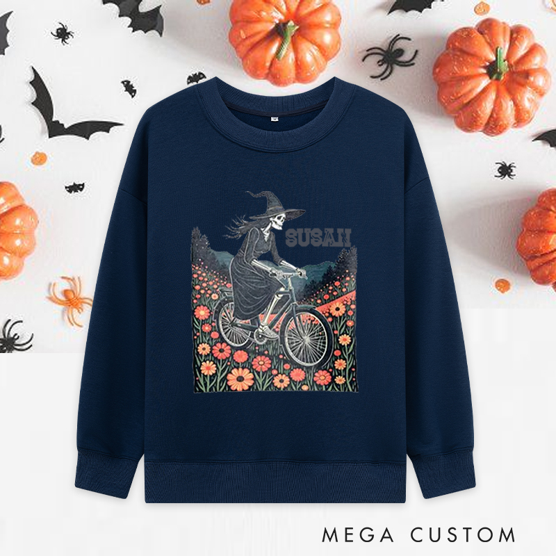 Personalized Halloween Classic Sweatshirts with Witch Skeleton Riding Bike Through Floral Field for Fitness Enthusiasts Bodybuilders and Gym Lovers