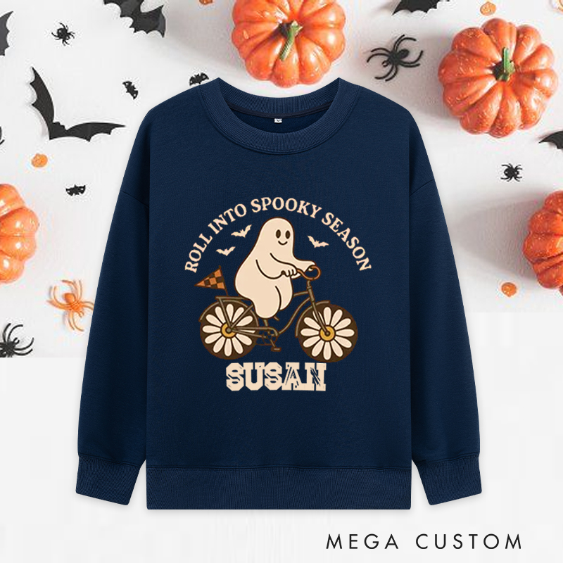 Personalized Halloween Classic Sweatshirts with Cute Ghost on Bicycle with Floral Wheels for Fitness Enthusiasts Bodybuilders and Gym Lovers