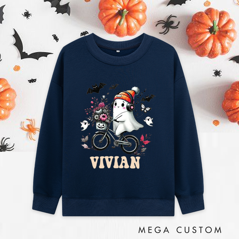 Personalized Halloween Classic Sweatshirts with Cute Ghost on Bike with Floral Basket and Headphones for Fitness Enthusiasts Bodybuilders and Gym Lovers