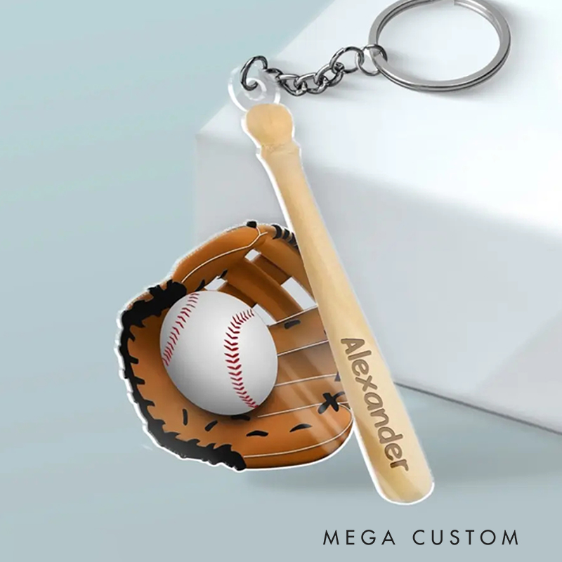 Personalized Baseball Acrylic Keychain with Custom Name on Mini Bat