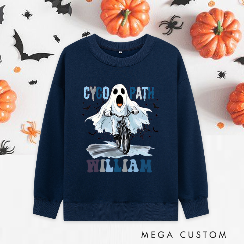 Personalized Halloween Classic Sweatshirts with Funny Ghost on Bicycle Screaming Face and Headphones for Fitness Enthusiasts Bodybuilders and Gym Lovers