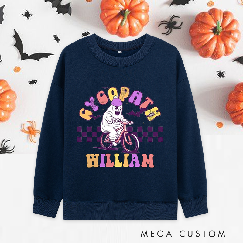 Personalized Halloween Classic Sweatshirts with Ghost on Bike with Purple Helmet for Fitness Enthusiasts Bodybuilders and Gym Lovers