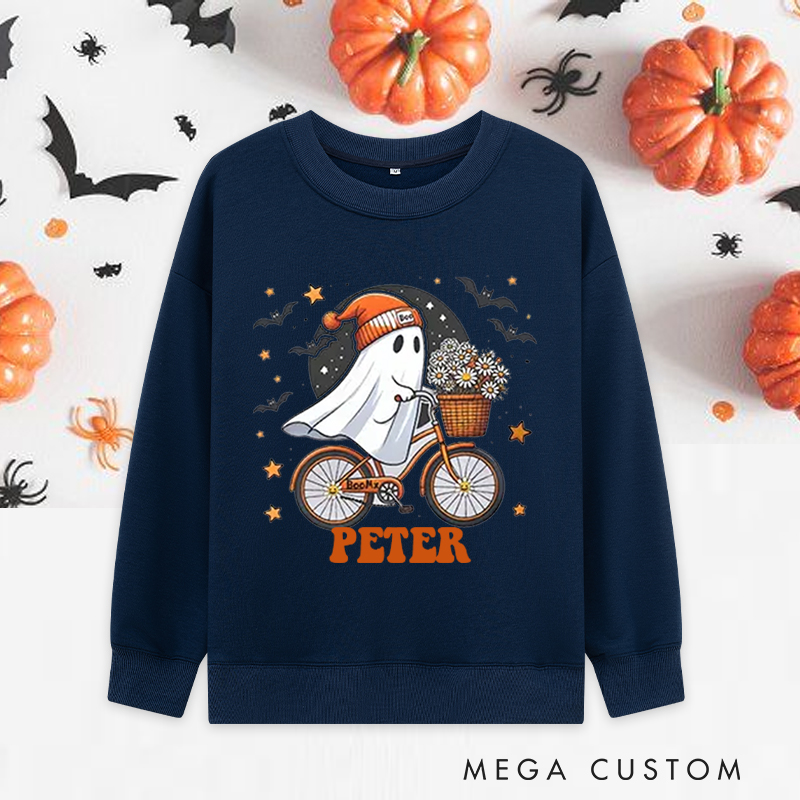 Personalized Halloween Classic Sweatshirts with Cute Ghost Riding Bike Basket of Flowers for Fitness Enthusiasts Bodybuilders and Gym Lovers