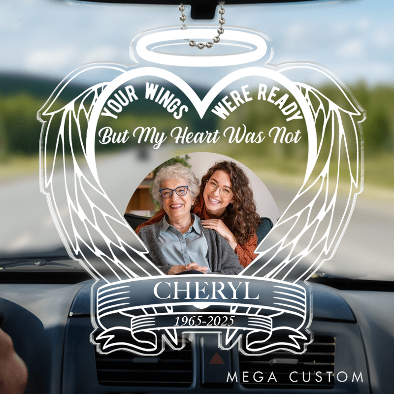 Personalized Memorial Car Ornament Customizable Photo Name Year Message Heart Shaped Angel Wing Keepsake