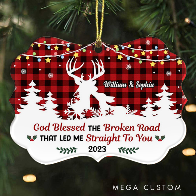 Personalized Couple Deer God Blessed the Broken Road Acrylic Ornament with Names Religious Gift Christmas Gift for Couple