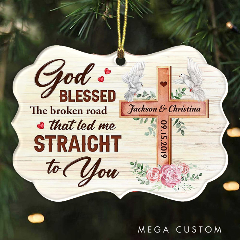 Personalized Cross Dove God Blessed the Broken Road Acrylic Ornament with Names and Date Religious Gift Christian Gift for Couple
