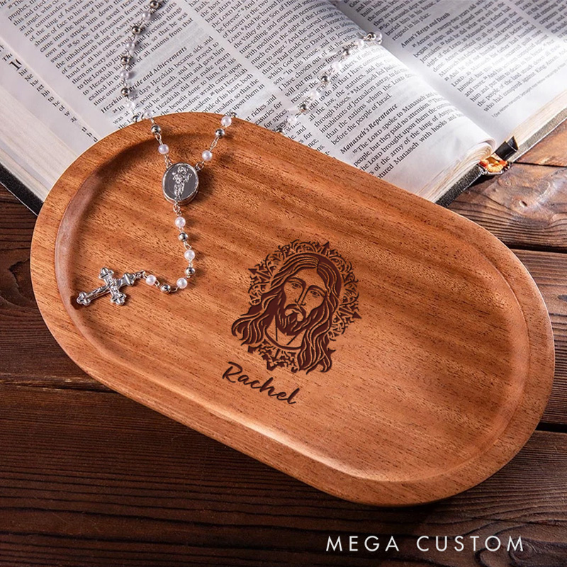 Personalized Jesus Wooden Rosary Tray with Engraved Name Religious Gift Birthday Gift for Christians