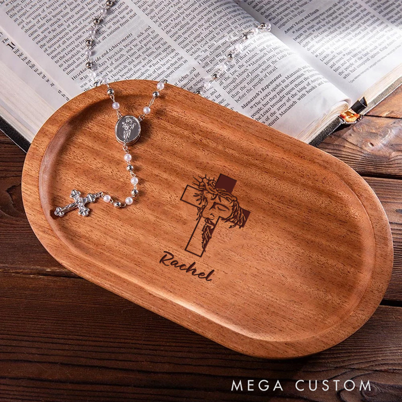 Personalized Jesus Cross Wooden Rosary Tray with Engraved Name Religious Gift Birthday Gift for Christians