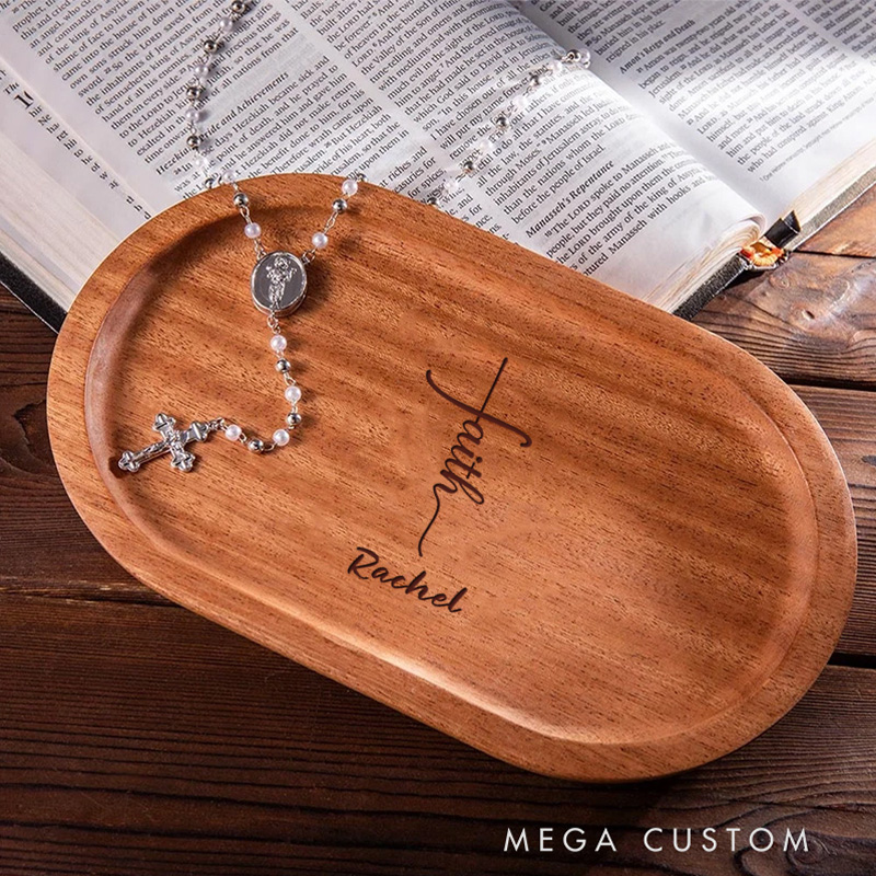 Personalized Faith Wooden Rosary Tray with Engraved Name Religious Gift Birthday Gift for Christians