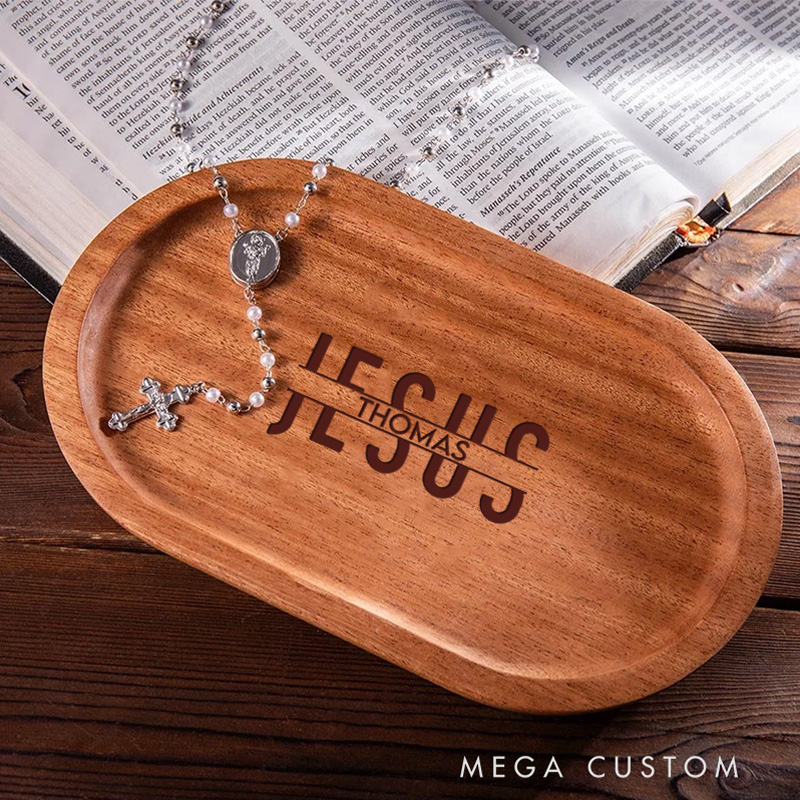 Personalized Jesus Wooden Rosary Tray with Engraved Name Religious Gift Faith Gift Birthday Gift for Christians