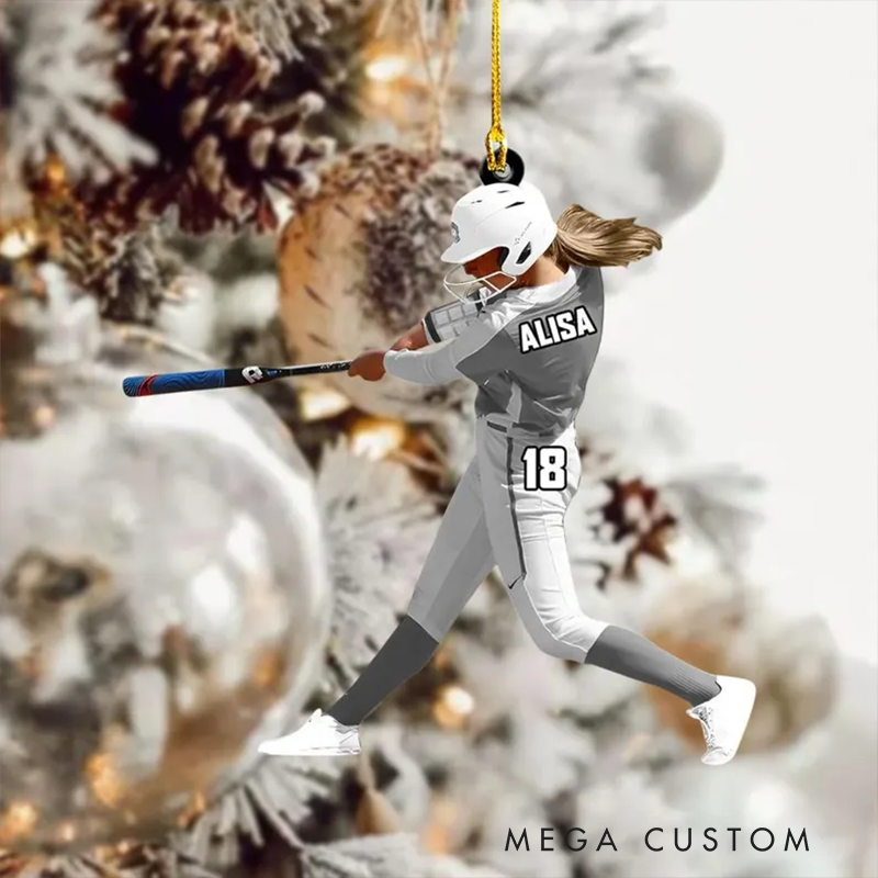Personalized Softball Player Acrylic Ornament with Custom Name, Number, and Uniform Colors