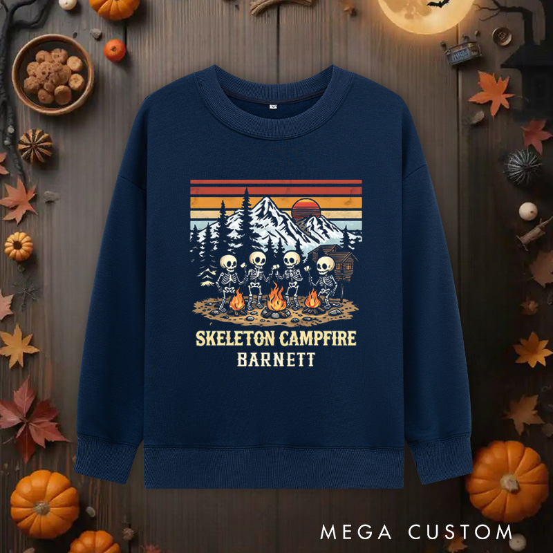 Personalized Skeleton Campfire Classic Sweatshirts Camping Hiking Lovers Sweatshirts Halloween Gift Outdoor