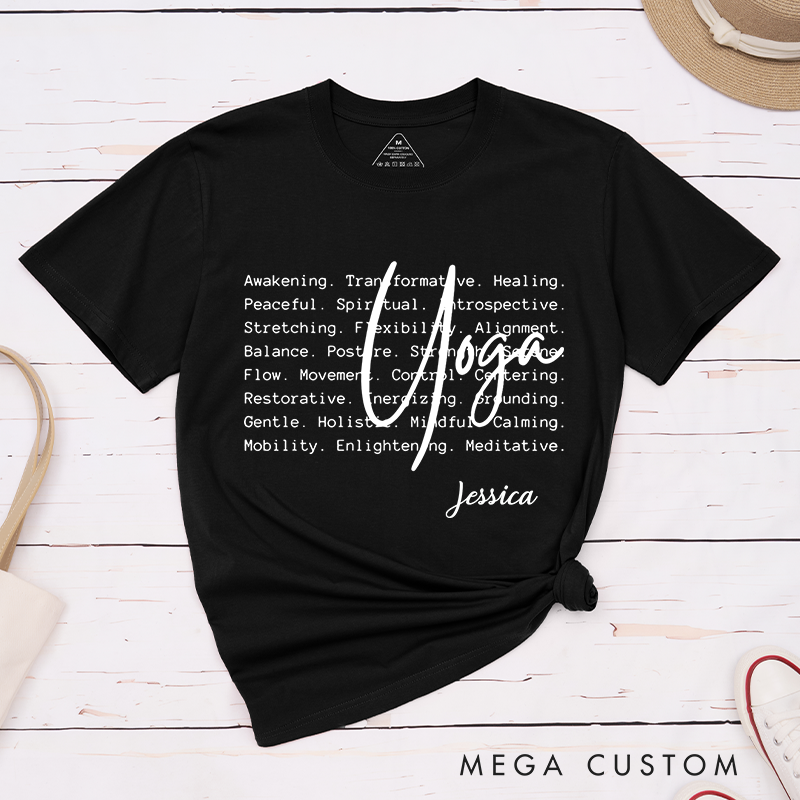 Personalized Yoga T-Shirt with Inspirational Word Art Design Custom Name Perfect Gift for Yoga Lover
