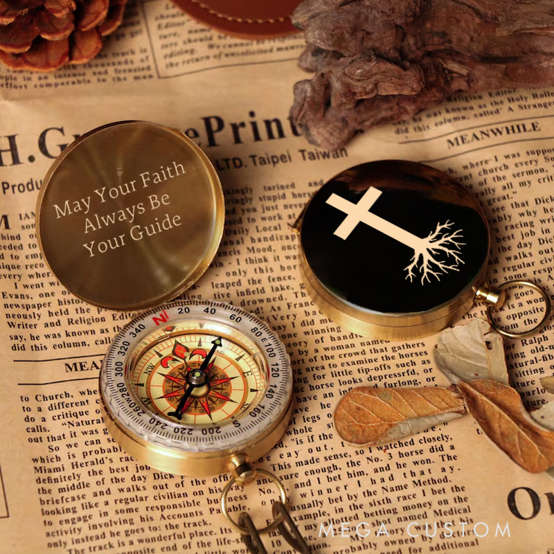 Personalized Cross with Root Luminous Compass with Text Religious Gift Christian Gift Faith Gift
