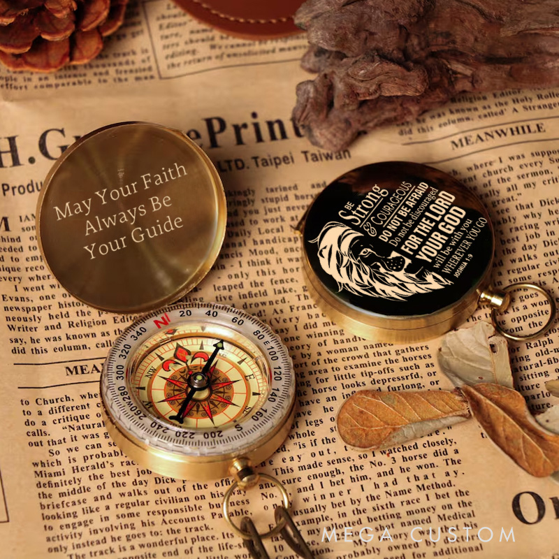 Personalized Be Dtrong and Courageous Lion Joshua 1:9 Luminous Compass with Text Religious Gift Christian Gift Faith Gift