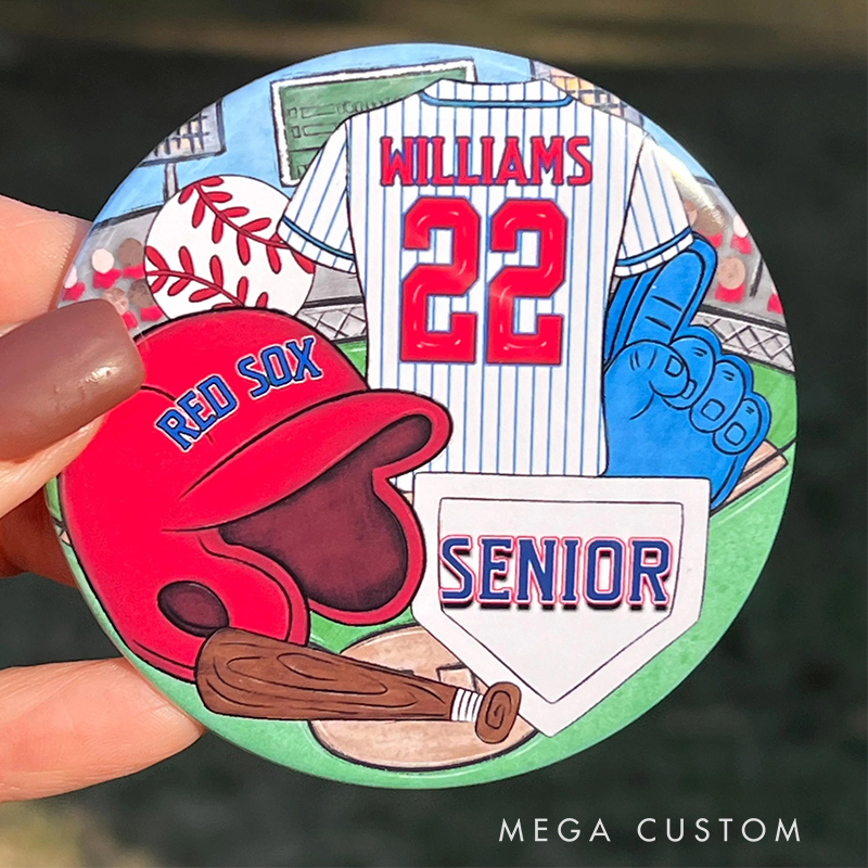 Personalized Senior Baseball Button Pin with Team and Player Details  