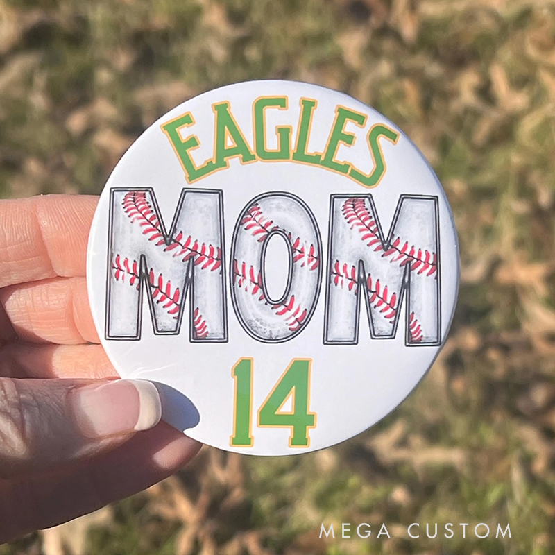 Personalized Baseball Themed Pin Badge with Custom Number and Team Name 