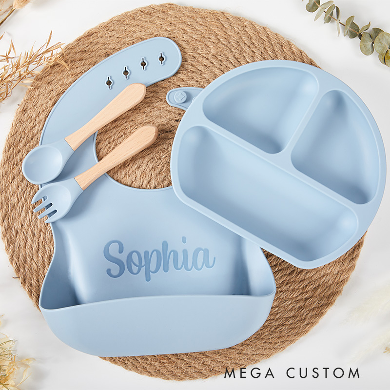 Personalized Feeding Set with Name Cartoon Weaning Set for Baby Eco-Friendly Baby Plate Silicone Weaning Set Baby Shower Gift