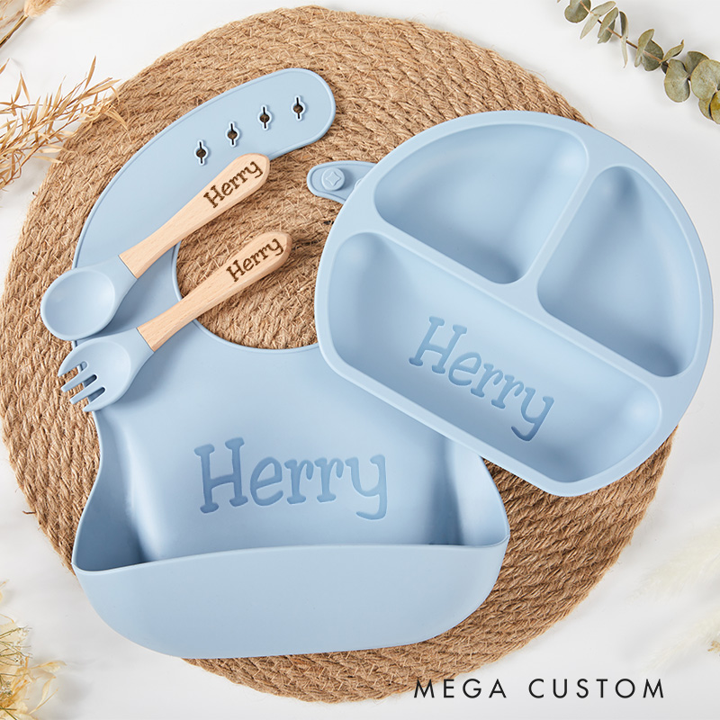 Personalized Engraved Silicone Baby Weaning Set Baby Feeding Plate and Bib Unique Baby Shower Gift  Baby Essentials Baby Shower Gift