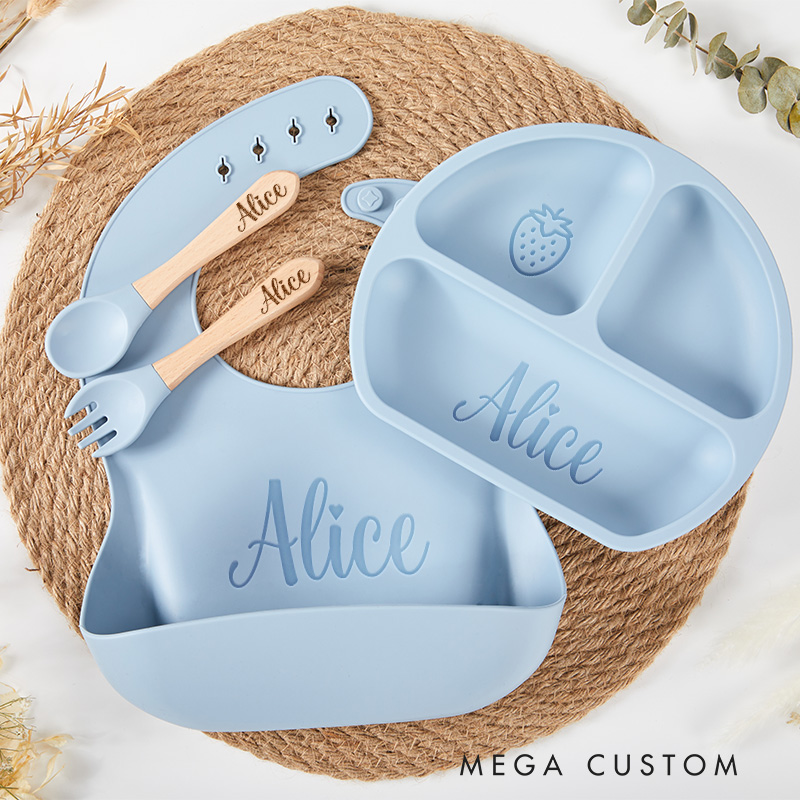 Personalized Eco Friendly Silicone Weaning Set with Engraved Name Unique Bib and Plate for Baby Ideal Baby Shower Gift