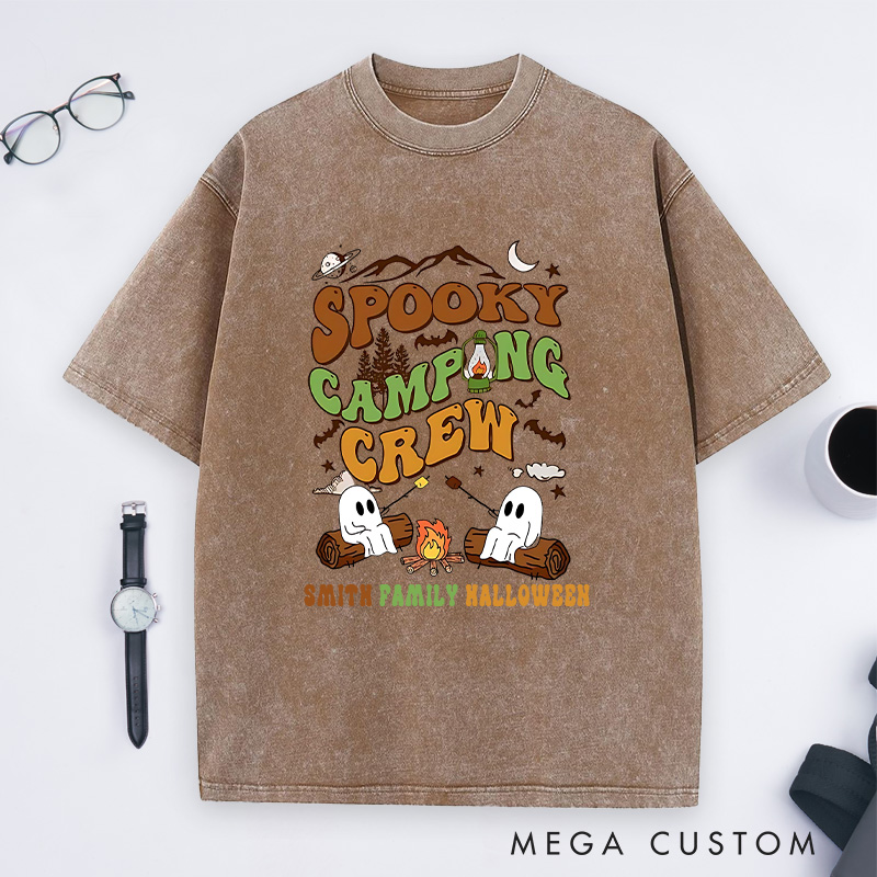 Personalized Spooky Camping Crew Washed T-Shirt a Haunted Campfire Adventure T-Shirt Halloween Gift Outdoor Lover