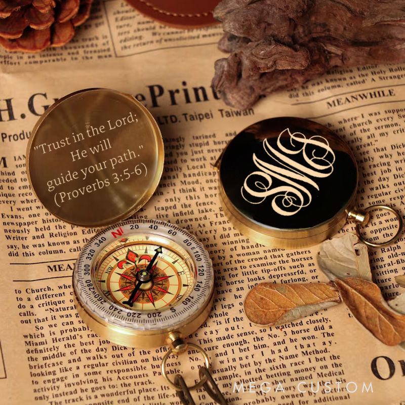 Personalized Elegant Monogram Proverbs 3:5-6 Luminous Compass with Initials and Scripture Religious Gift Christian Gift Faith Gift