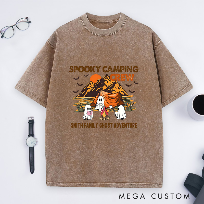 Personalized Spooky Camping Crew Washed T-Shirt Ghostly Adventures Shirt Halloween Gift Hiking Outdoors