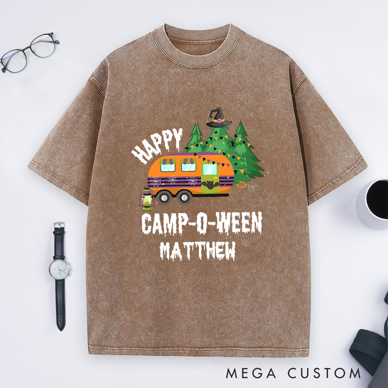 Personalized Happy Camper Halloween Washed T-Shirt Outdoor Camping Adventure Shirt Halloween Gift for Hiking