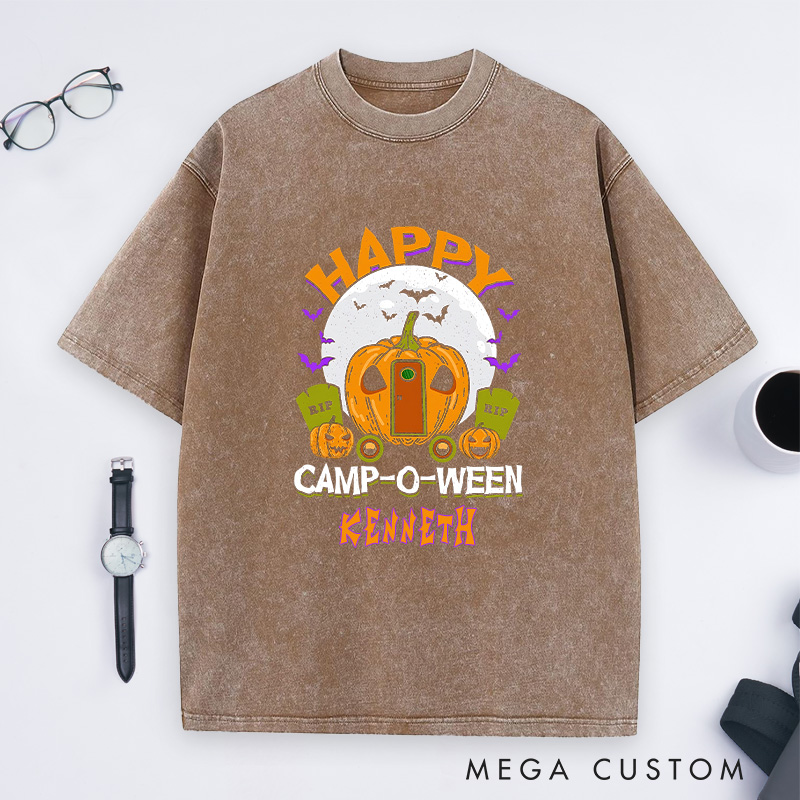 Personalized Happy Camp Halloween Washed T-Shirt Halloween Camping Shirt Gift for Outdoor
