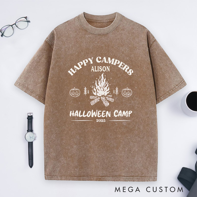 Personalized Halloween Happy Campers Washed T-Shirt Outdoor Bonfire Shirt Halloween Gift for Hiking