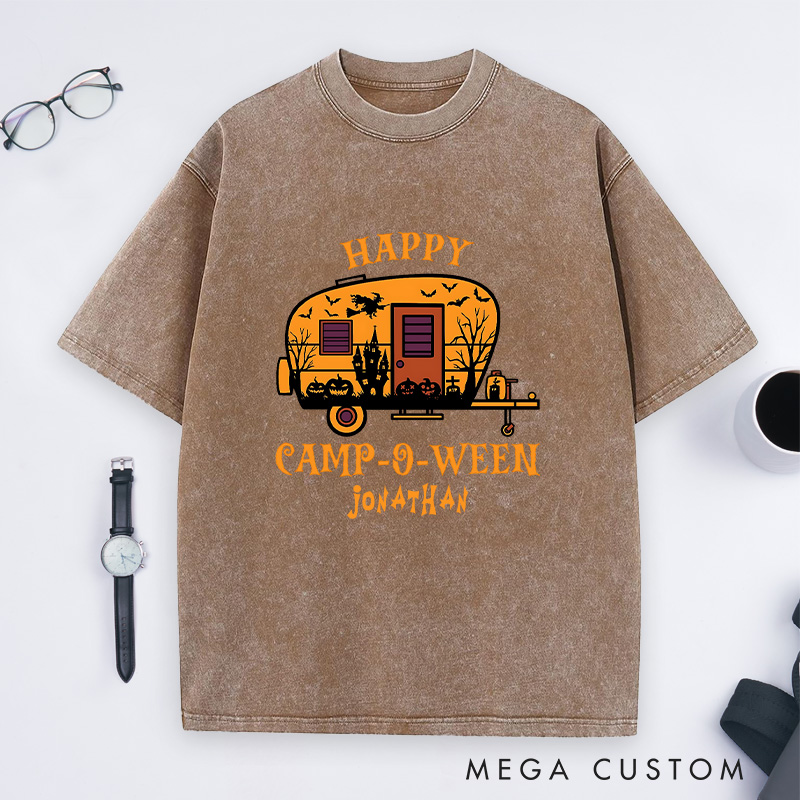 Personalized Halloween Camping Adventure Washed T-Shirt Happy Halloween Shirt Gift for Outdoor