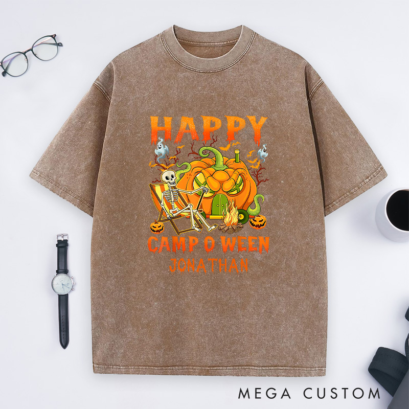 Personalized Camper Halloween Washed T-Shirt Skeleton Camping Car Pumpkin Shirt Halloween Gift Outdoor