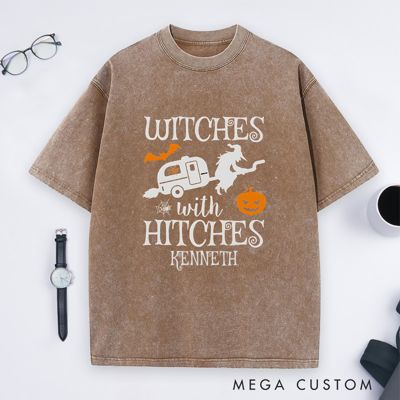 Personalized Witches with Hitches Washed T-Shirt Campers Life Lovers Shirt Spooky Pumpkin Shirt Halloween Gift Outdoor