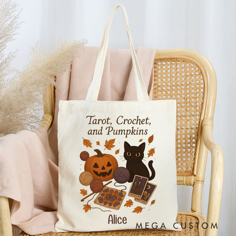 Personalized Tarot Crochet and Pumpkins Tote Bag Halloween Gift for Crocheting Lovers Funny Gift for Her