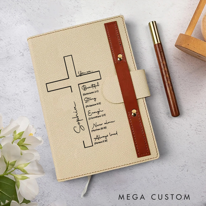 Personalized Cross Name Bible Verse A5 Lined Notebook with Pen Loop Church Study Birthday Religious Gift for Family Friends Christian