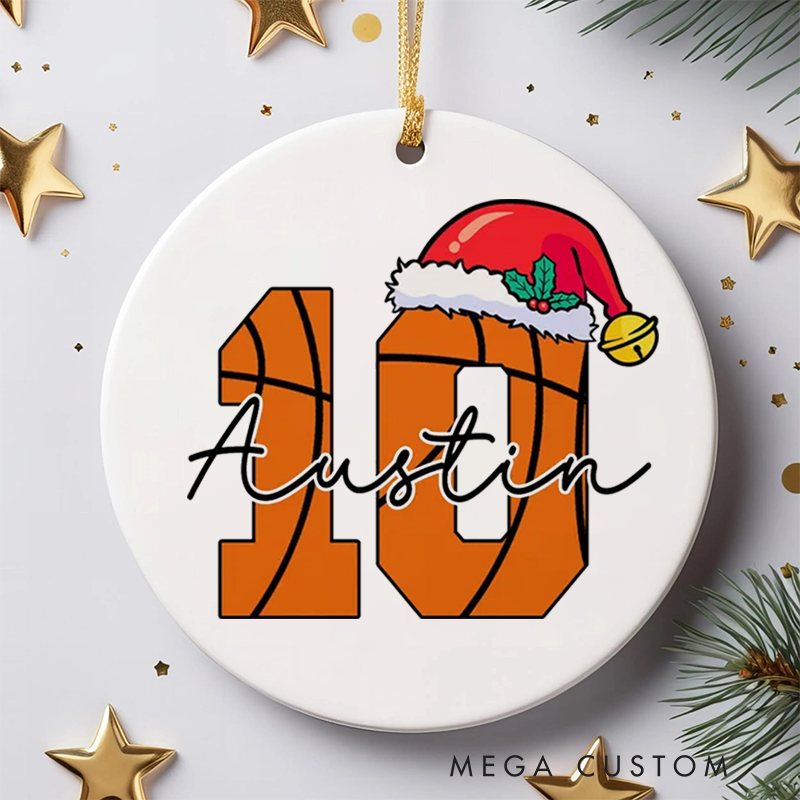 Personalized Basketball Ornament with Custom Name, Number, and Festive Santa Hat Design