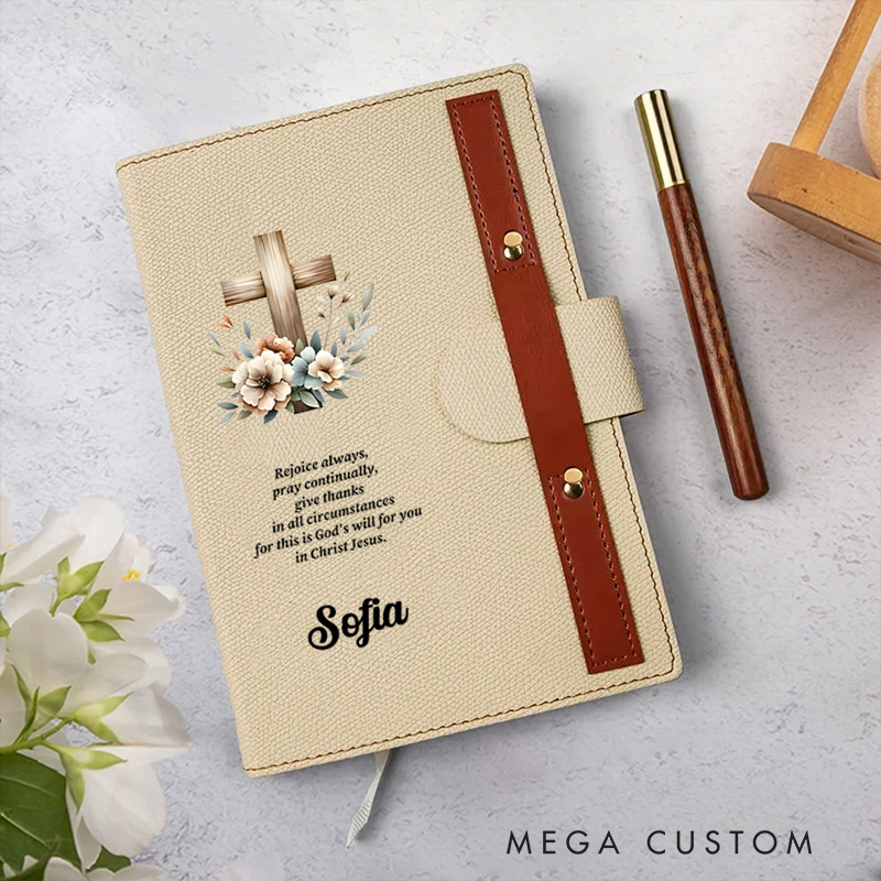 Personalized Floral Cross Name Bible Verse A5 Lined Leather Prayer Notebook with Name Pen Loop Church Christmas Gift for Christians