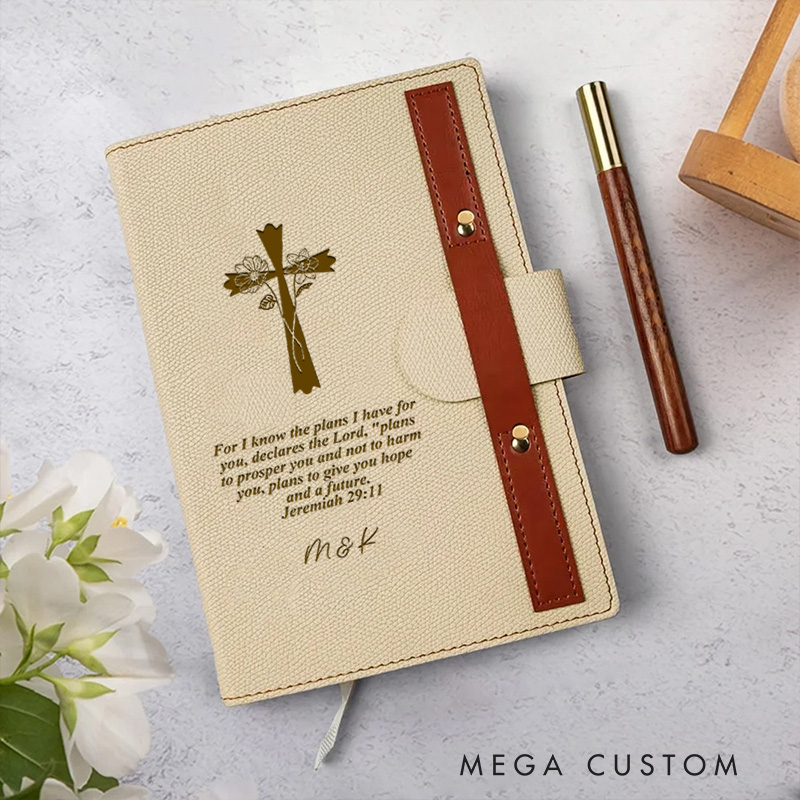 Personalized Engraved Cross Name Birth Flower Bible Verse A5 Lined Notebook and Pen Loop for Church Bible Study Christmas Easter Gift for Christian Prayer