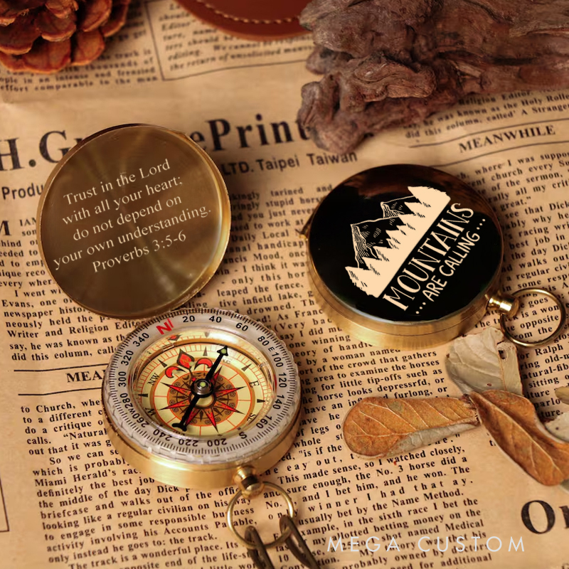 Personalized Mountains Are Calling Luminous Compass with Text Religious Gift Baptized Gift