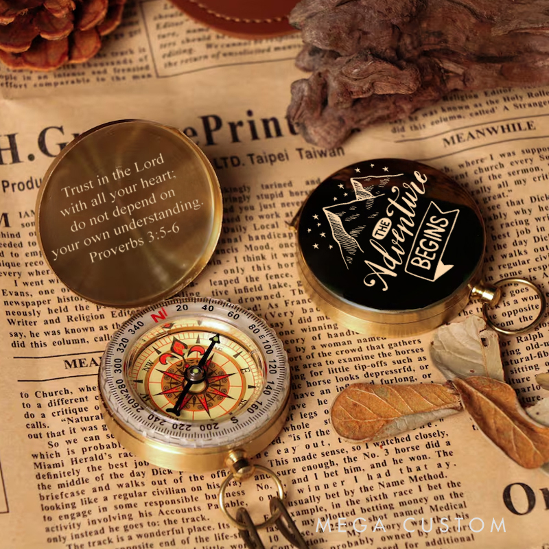 Personalized the Adventure Begins Luminous Compass with Text Religious Gift Baptized Gift
