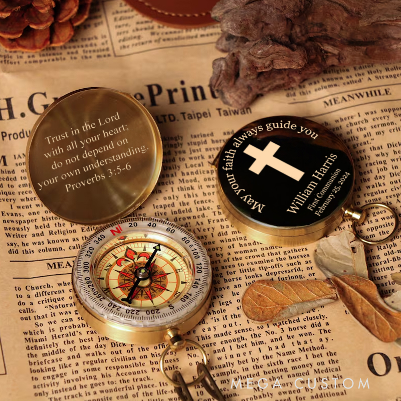 Personalized May Your Faith Always Guide You Luminous Compass with Text Religious Gift First Communion Gift