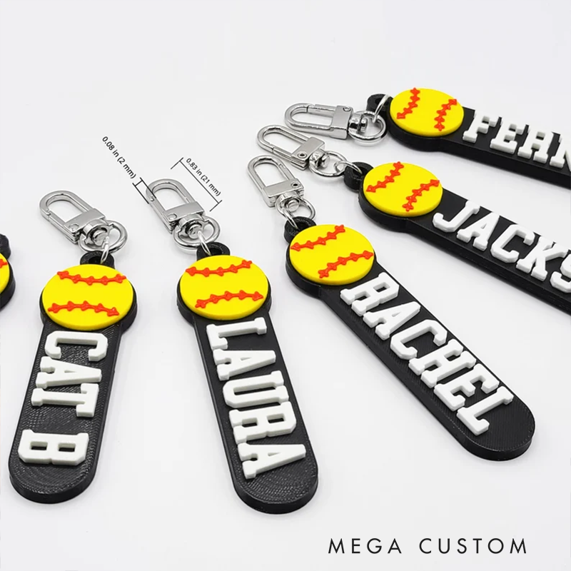 Personalized Softball Keychain with Custom Name and 3D Softball Design