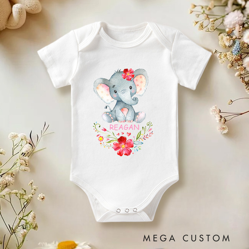 Personalized Adorable Floral Elephant Cute Watercolor Design with Flowers Perfect for Kids and Baby Onesie