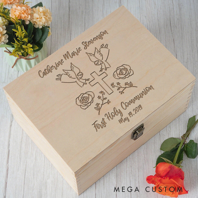 Personalized Angel Cross Wooden Keepsake Box with Name and Date Religious Gift First Holy Communion Gift for Girls