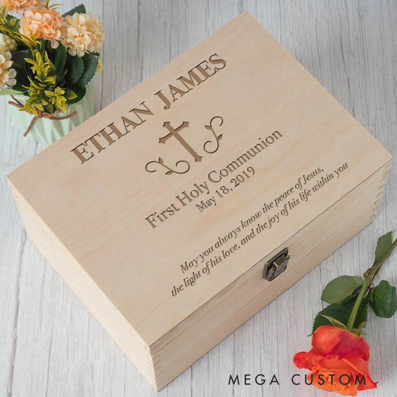 Personalized Cross Wooden Keepsake Box with Name and Date Religious Gift First Holy Communion Gift for Kids