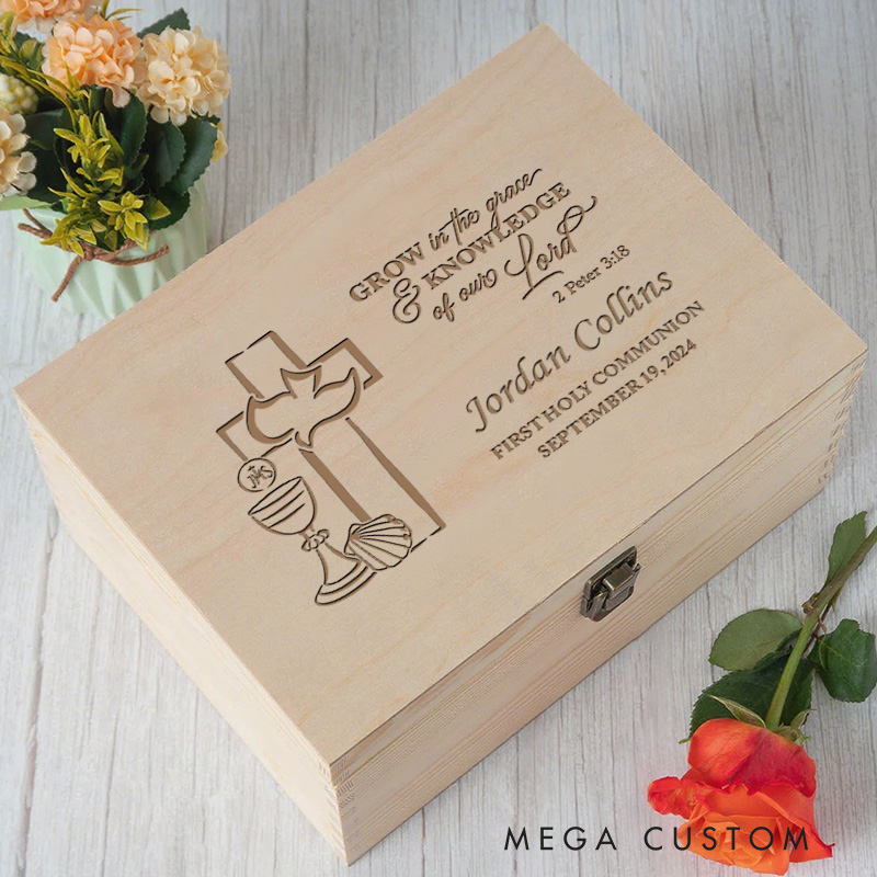 Personalized Cross Dove Wooden Keepsake Box with Name and Date Religious Gift First Holy Communion Gift for Kids