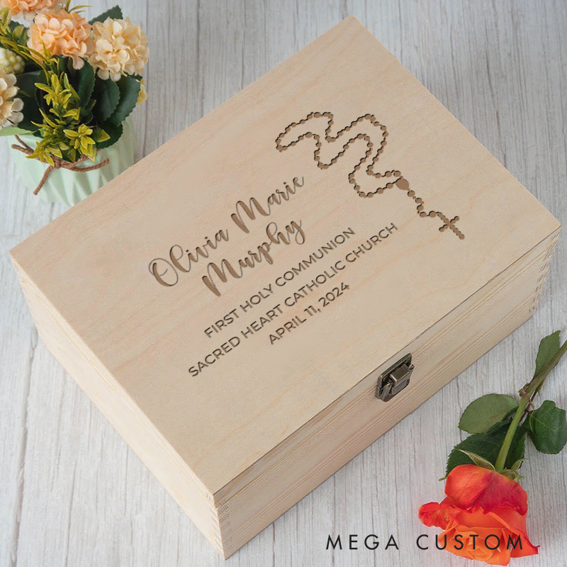 Personalized Rosary Wooden Keepsake Box with Name and Date Religious Gift First Holy Communion Gift for Kids