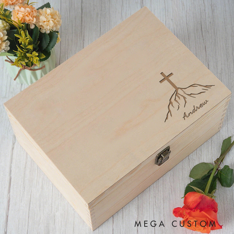Personalized Cross on the Mountain Wooden Keepsake Box with Name Religious Gift Birthday Gift for Men