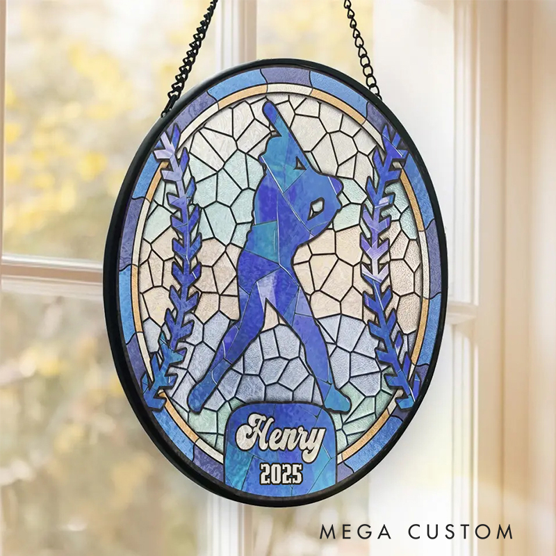Personalized Baseball Stained Glass Suncatcher with Player Silhouette 