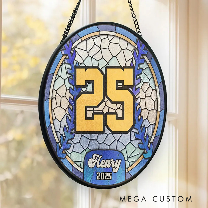 Personalized Baseball Stained Glass Suncatcher with Player Number and Name 